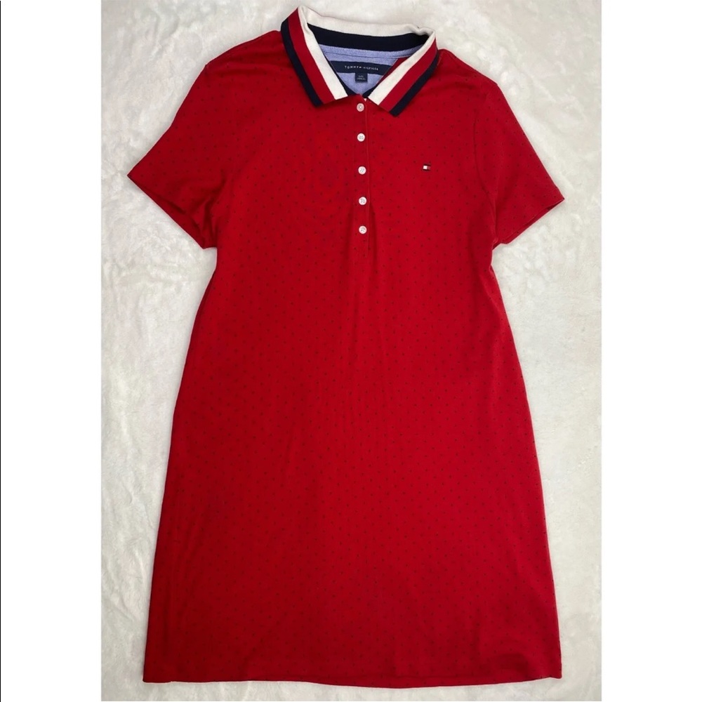 Tommy Hilfiger Shirt Dress Large Red Polka Dots Collared Polo Short Buttons